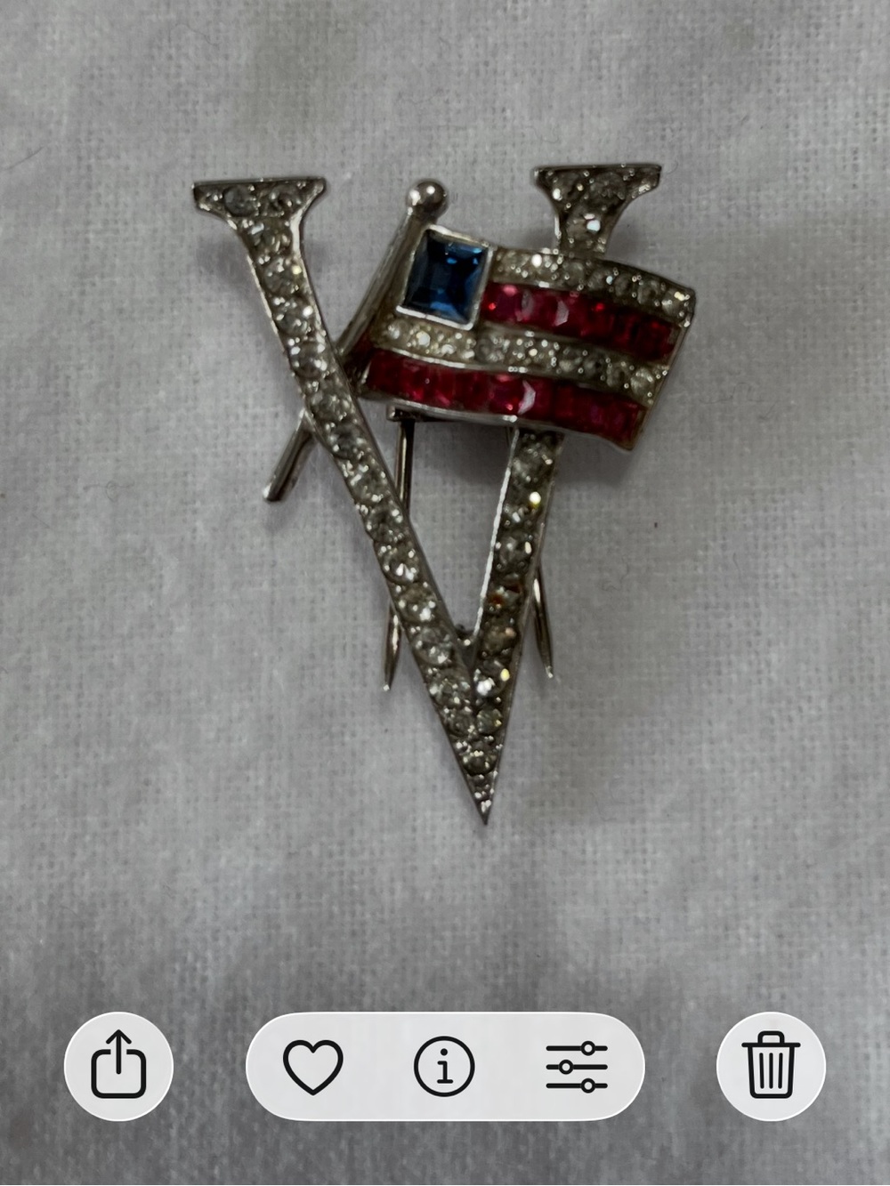 Vintage WW11 Patriotic Crystal V-Shaped Brooch with Flag Accent